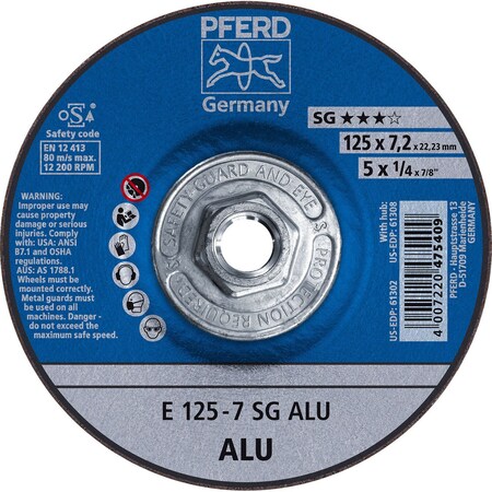 Pferd 61308 5in x 1/4in Grinding Wheel 5/8-11 Thd A24N SG for Alum Type 27 61308-PFERD